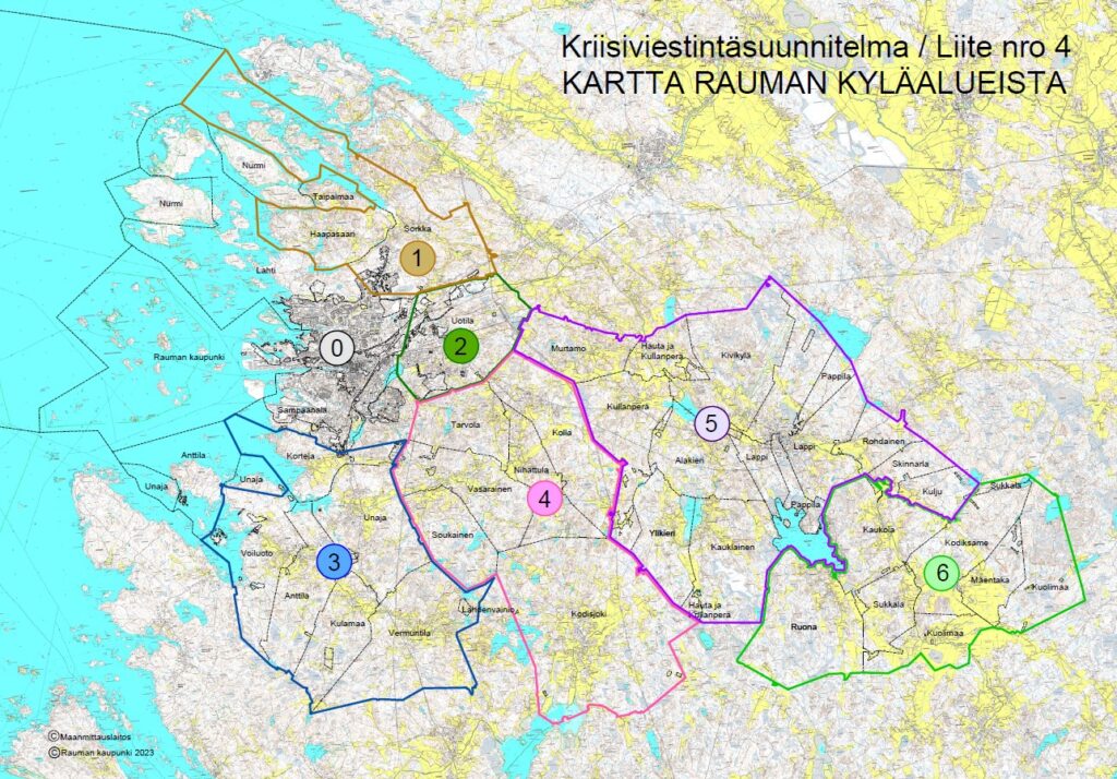 Kartta Rauman kyläalueista.