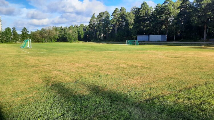 A grass field for sports in Lappi with two football goals.