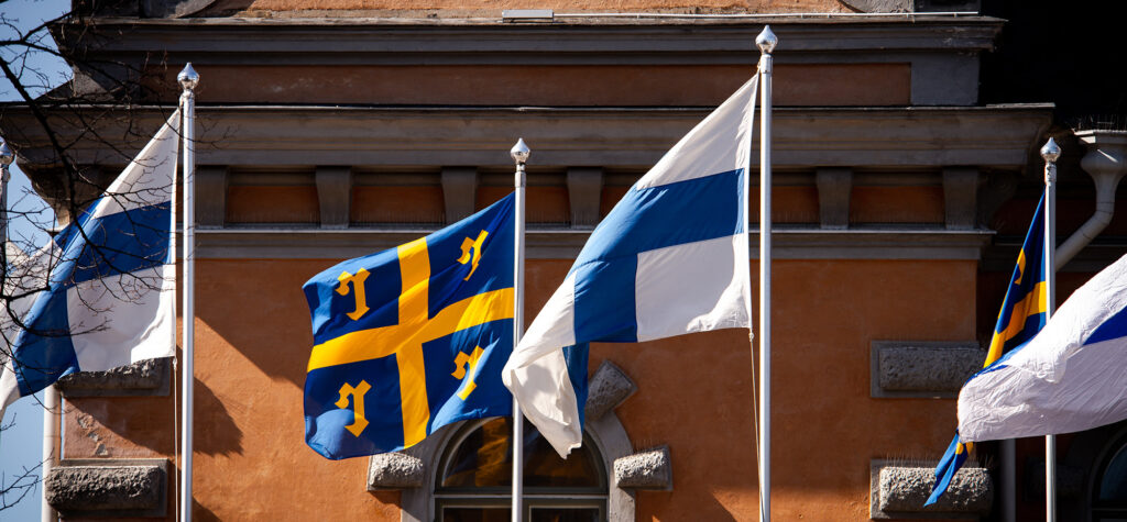 Suomen ja Rauman lippuja liehumassa kaupungintalon edustalla.