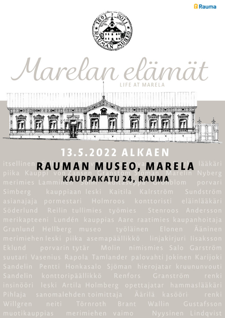 Näyttelyjuliste Rauman museon näyttelystä Marelan elämät.