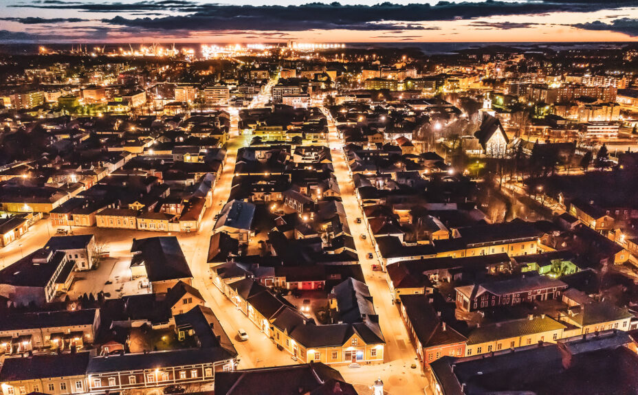 Old Rauma seen from the air at night.
